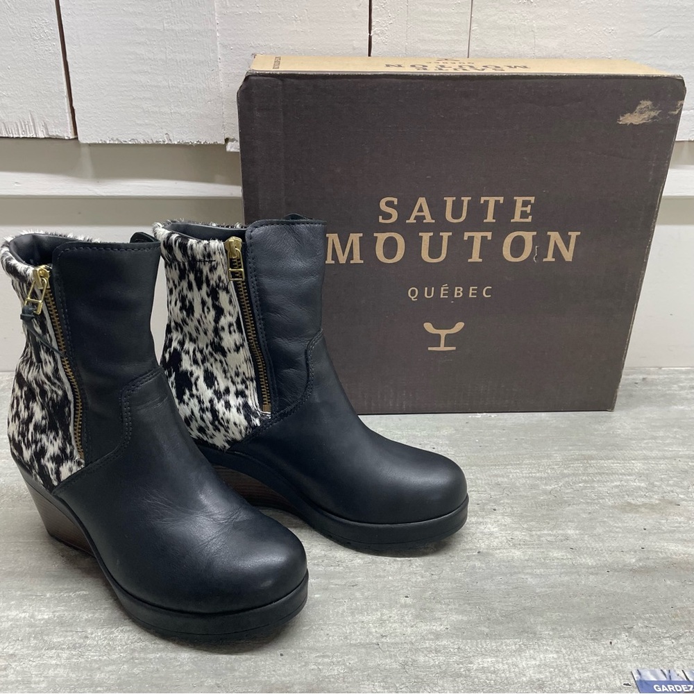 NEW Saute Mouton Lilou Boots Womens 37 Black Cow Print Calf Hair‎  Ice Grips